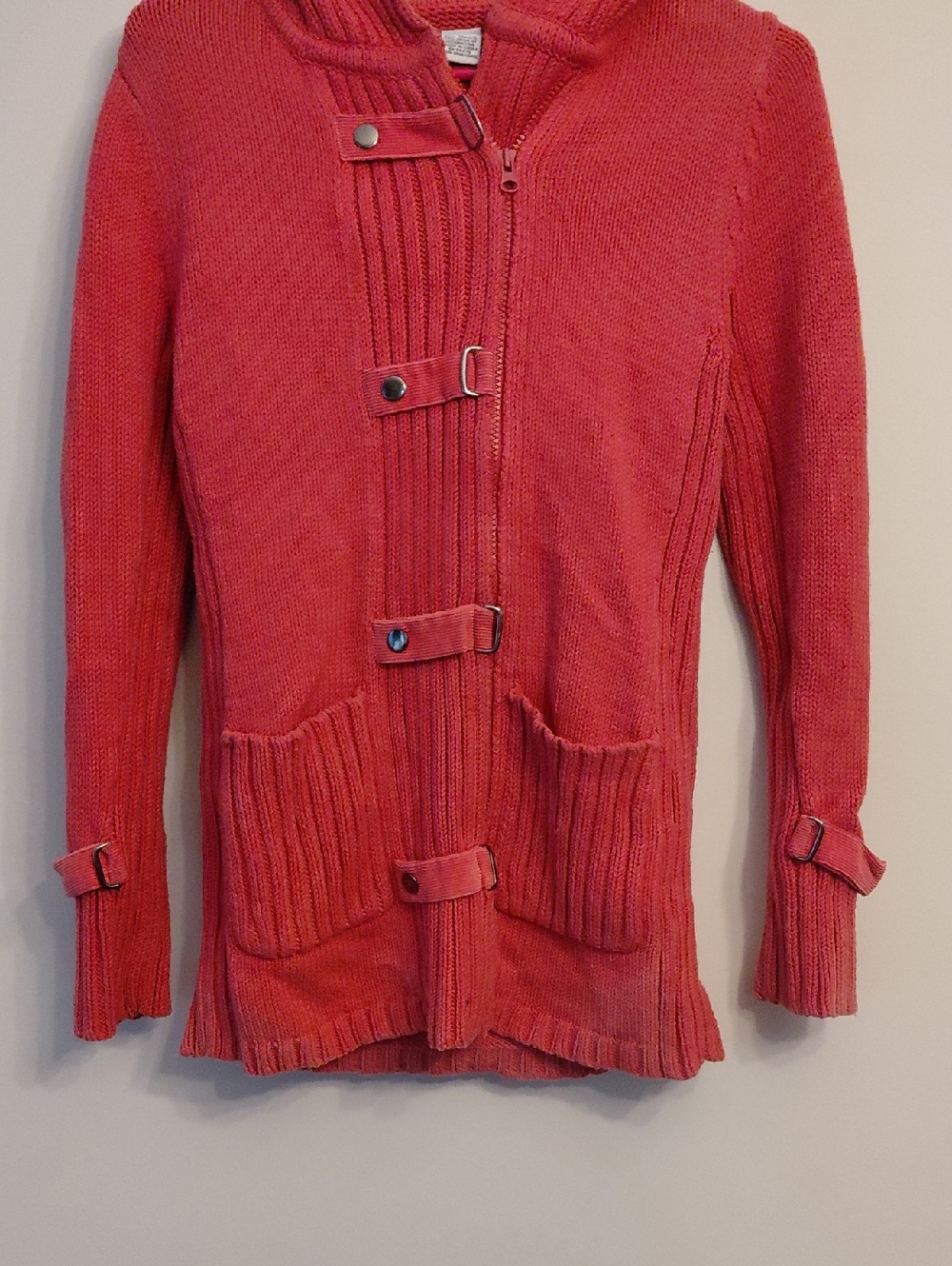 Women's Red Knit Zip Cardigan with Buckle Detail